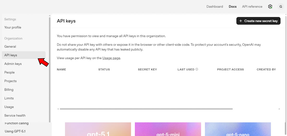 API keys men&uuml;pont